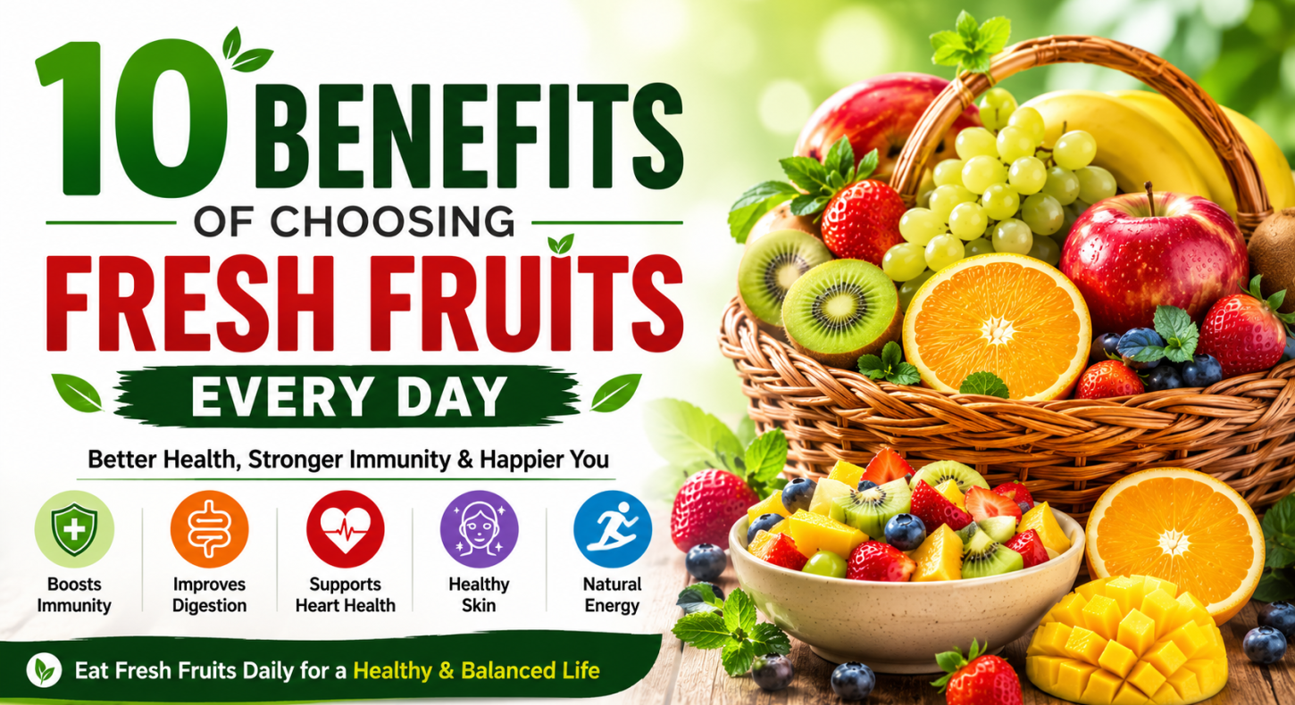 Fresh fruits arranged in a colorful bowl showing the benefits of choosing fresh fruits every day.