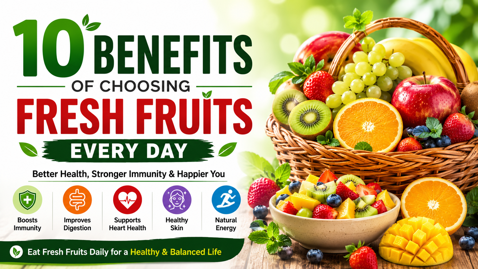 Fresh fruits arranged in a colorful bowl showing the benefits of choosing fresh fruits every day.