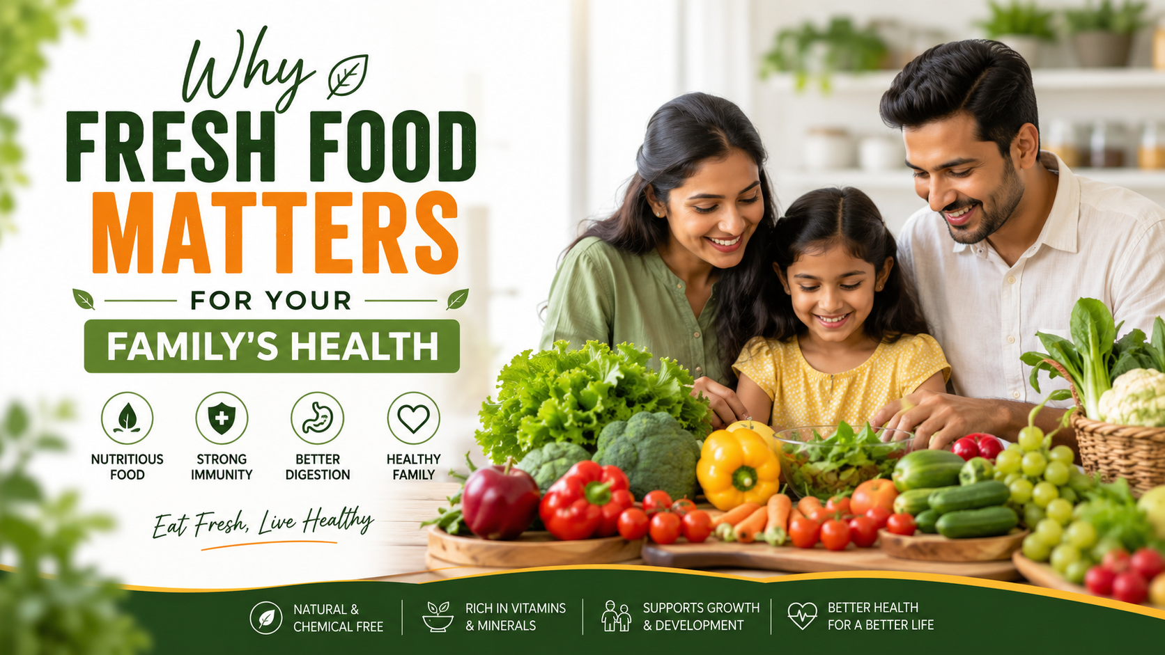 Fresh fruits, vegetables, and healthy family meal on a dining table